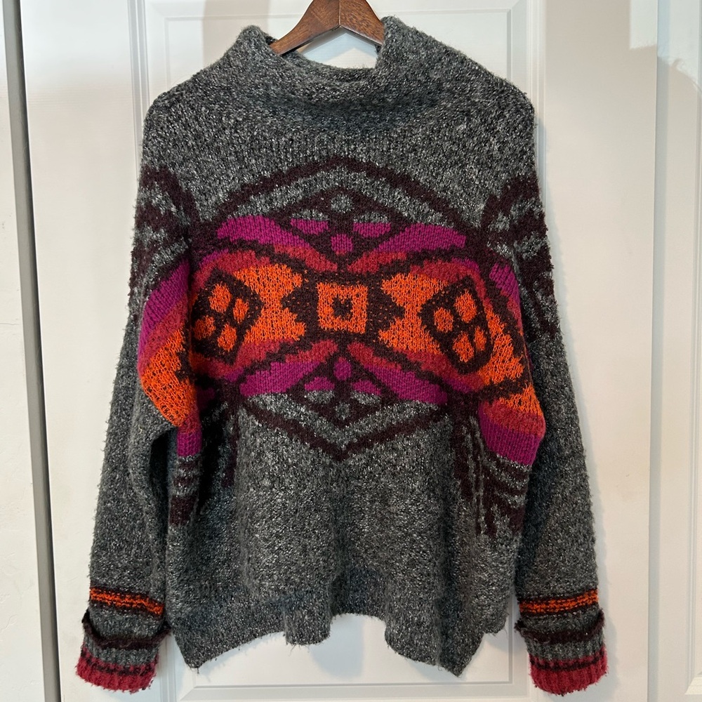 Angie Gray and Pink Cowl Neck Sweater with Geometric Patterns